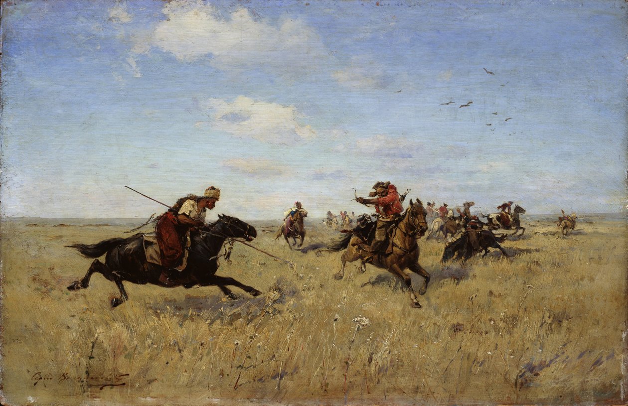 Lucha entre cosacos del Dniéper y tártaros de Sergei Ivanovich Vasilkovsky