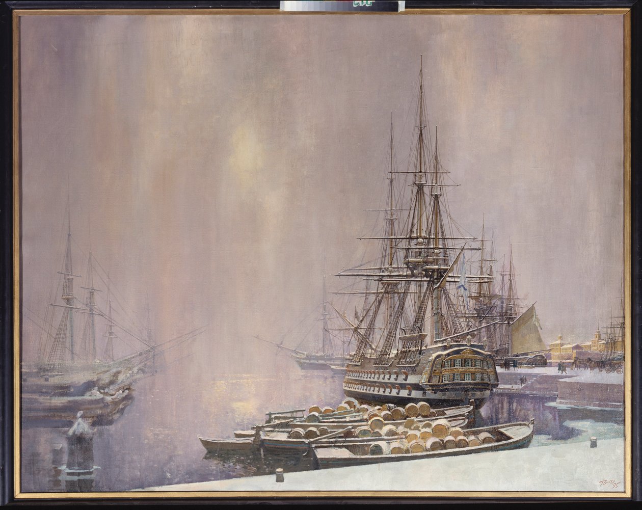 Kronstadt en invierno (El puerto del Mar Báltico en la época de Pedro el Grande (1672-1725) - Kronstadt en invierno - Pintura de Sergei Varlenovich Pen (nacido en 1952), óleo sobre lienzo de Sergei Varlenovich Pen