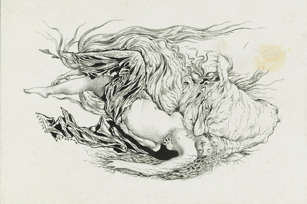 Chernomor y Lyudmila. Ilustración del poema Ruslan y Lyudmila de A. Pushkin, 1921-1926 de Sergei Vasilevich Chekhonin