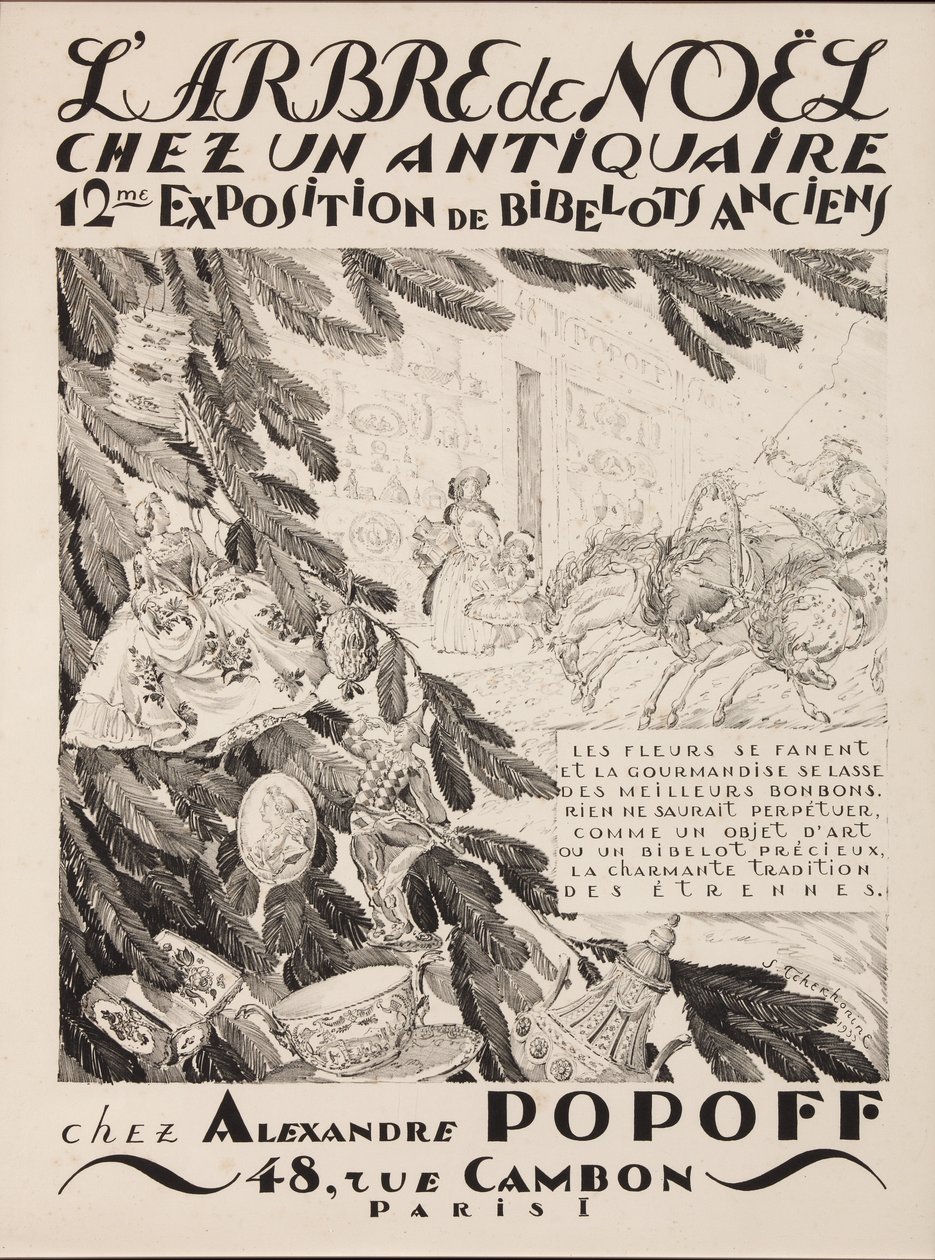 El árbol de Navidad en un anticuario, 12ª exposición en Alexandre Popoff, 1933 de Sergei Vasilevich Chekhonin