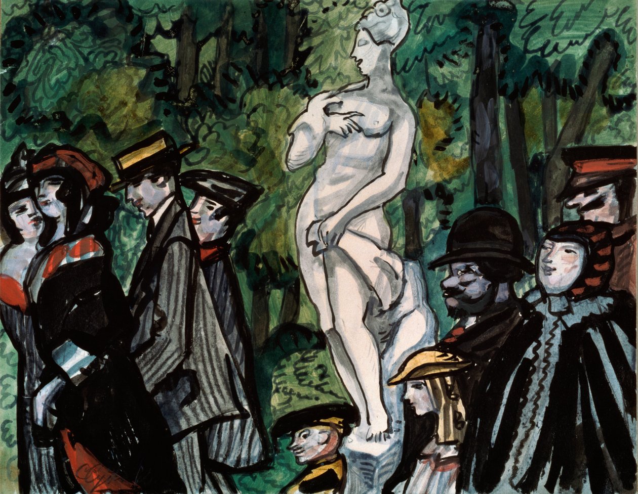 En el jardín de verano. (Familias con sus mejores galas paseando alrededor de una estatua en San Petersburgo). Obra de Sergei Yurievich Sudeykin (Sergei Sudeikin) (1882-1946), lápiz, gouache y tinta sobre papel. Arte ruso de Sergei Yurevich Sudeikin