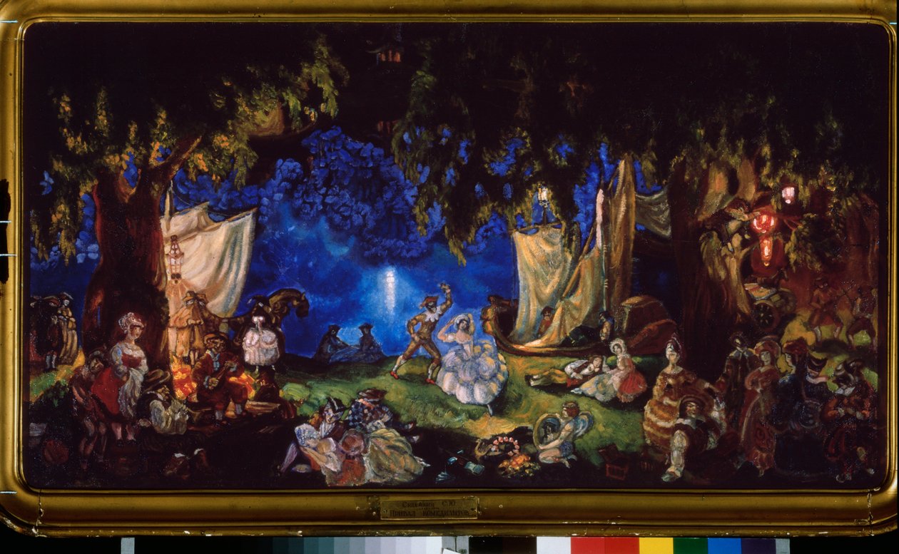 El resto de los actores. (Una compañía de teatro itinerante, cuyos miembros bailan, tocan música o se relajan en un claro del bosque a la luz de la luna). Pintura de Sergei Yurievich Sudeykin (Sergei Sudeikin) (1882-1946), óleo sobre lienzo de Sergei Yurevich Sudeikin
