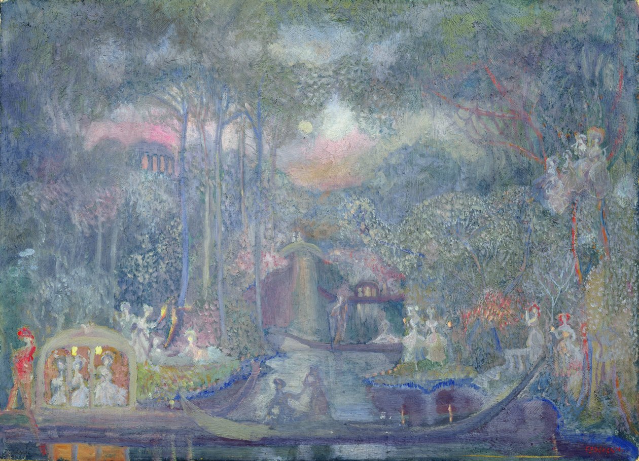 Marquesa caminando hacia la isla del amor (óleo sobre lienzo) de Sergei Yurevich Sudeikin