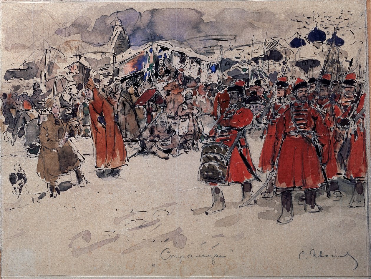 Tropa de Streltsy (o Strelets), un cuerpo militar ruso que existió desde el siglo XVI hasta el XVIII (The Streltsy). Obra de Sergei Vasilyevich Ivanov (1864-1910), acuarela sobre papel, arte ruso, finales del siglo XIX, principios del siglo XX. Museo de Ar de Sergej Vasilevic Ivanov