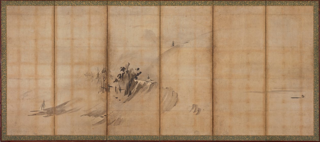 Paisaje: colinas y edificios, período Muromachi de Sesson Shukei