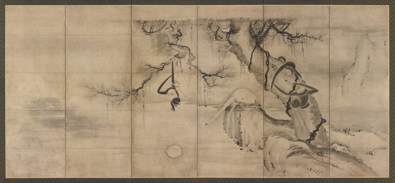 Monos y Árboles en una Ribera, período Momoyama de Sesson Shukei