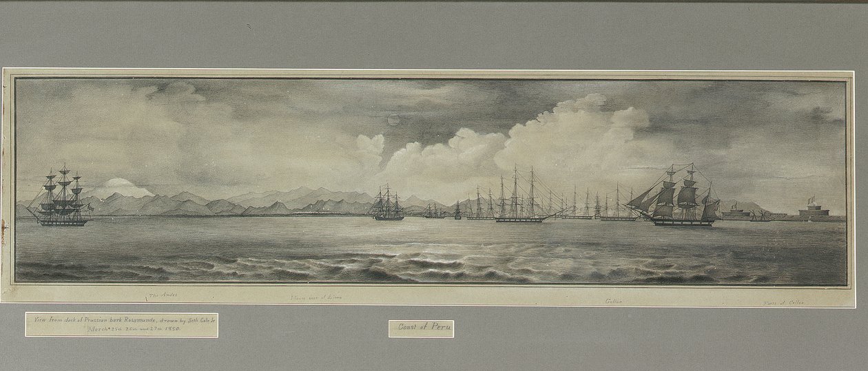 Costa de Perú: Los Andes, Techos de Casas de Lima, Callao, Fuertes de Callao, desde la Cubierta del barco prusiano Rosamunde de Seth Jr. Cole
