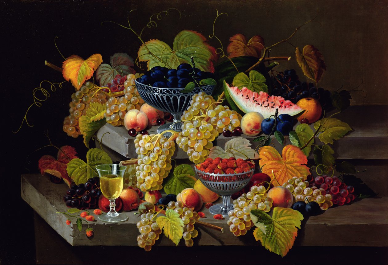 Naturaleza muerta de melón, ciruelas, uvas, duraznos, cerezas, fresas, etc. en repisas de piedra de Severin Roesen