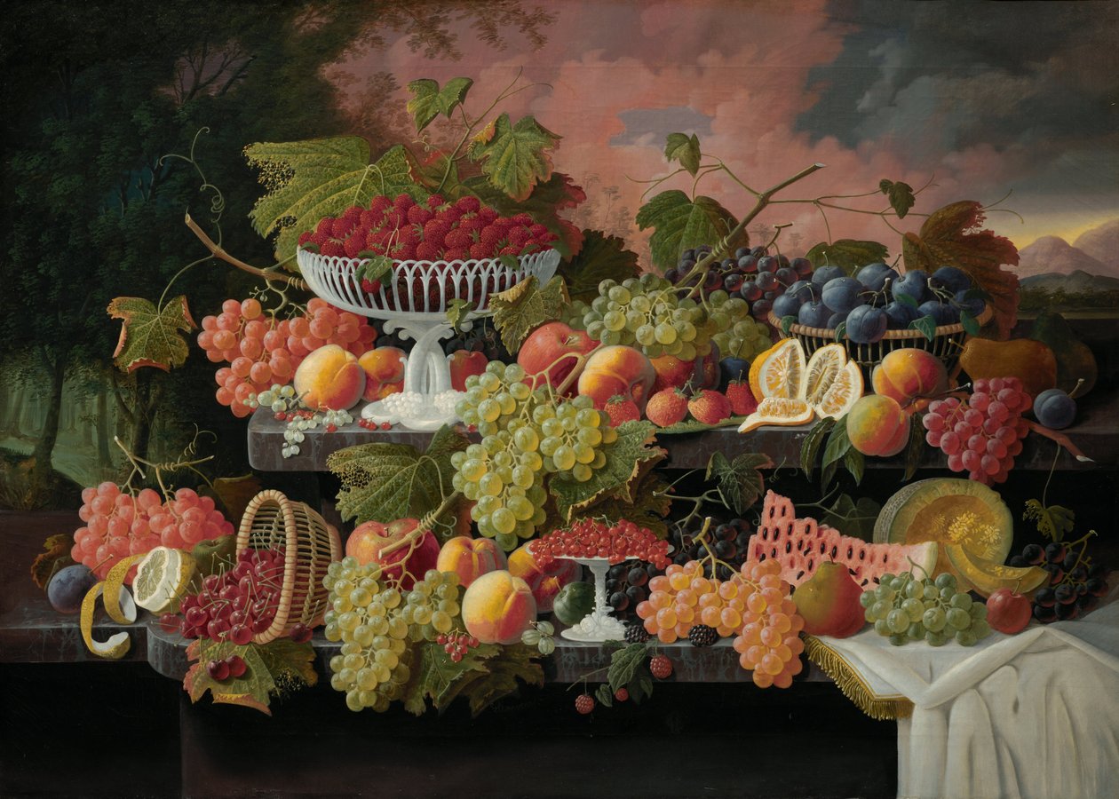 Naturaleza muerta de dos niveles con frutas y paisaje al atardecer de Severin Roesen