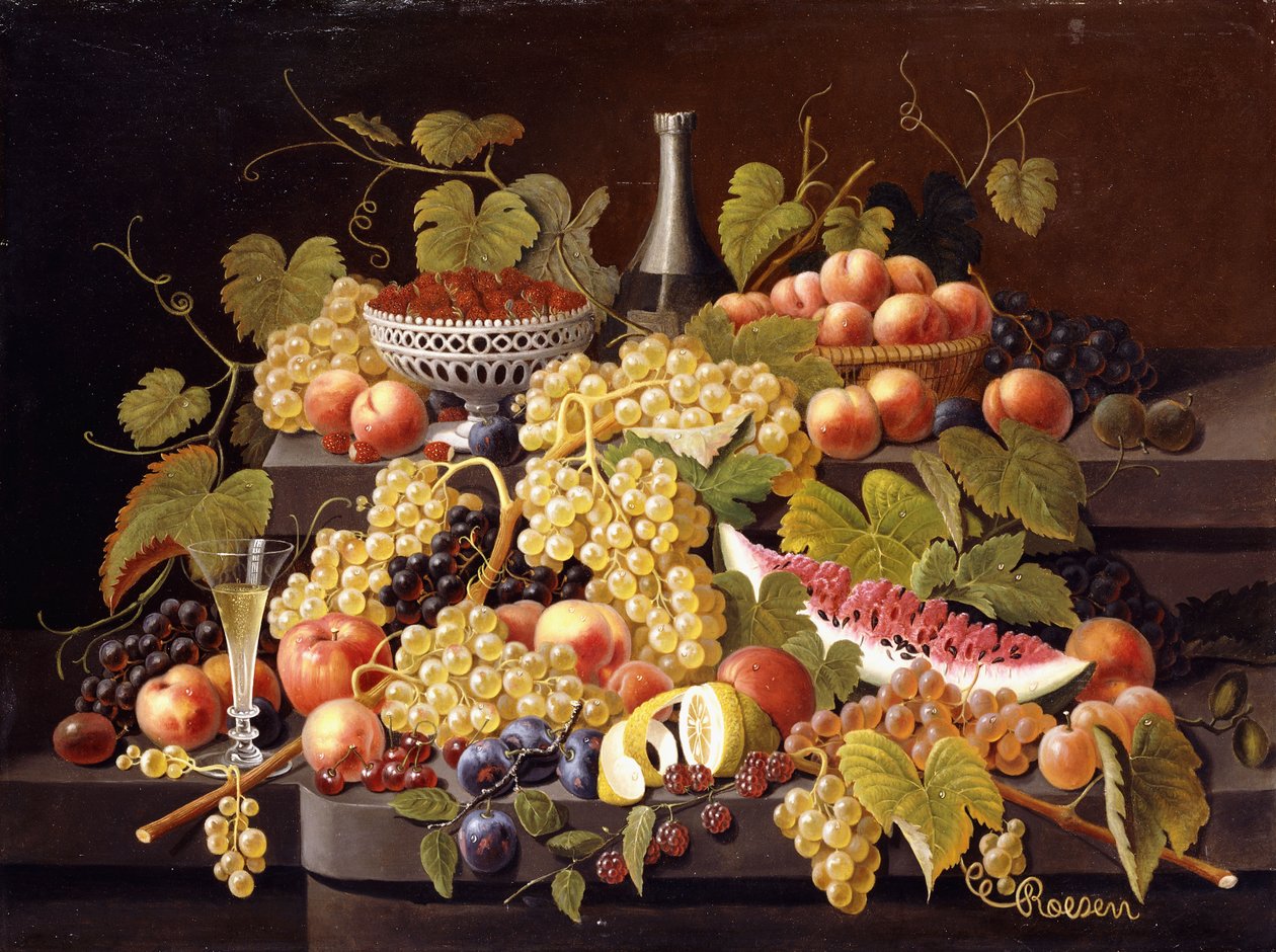 Naturaleza muerta con frutas y champán de Severin Roesen