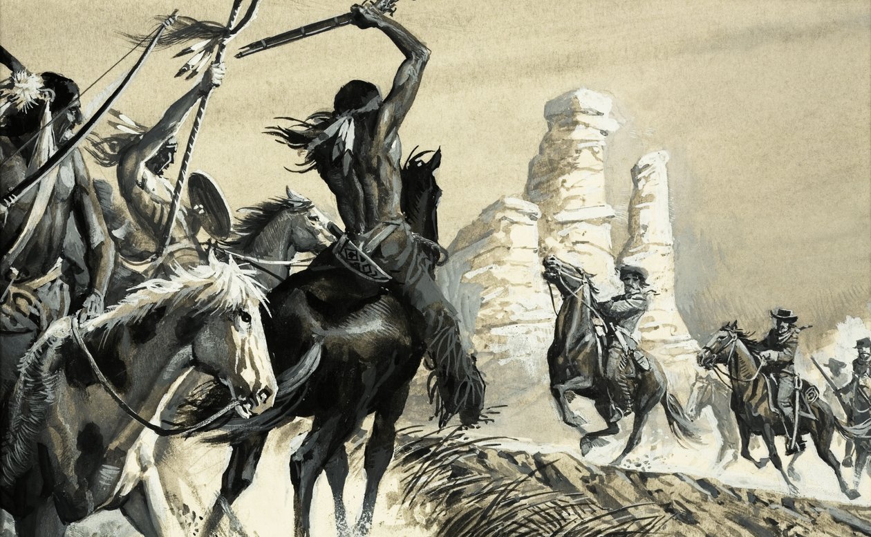 Un encuentro sorpresa entre dos grupos de exploradores, uno indio y el otro de caballería estadounidense. de Severino Baraldi