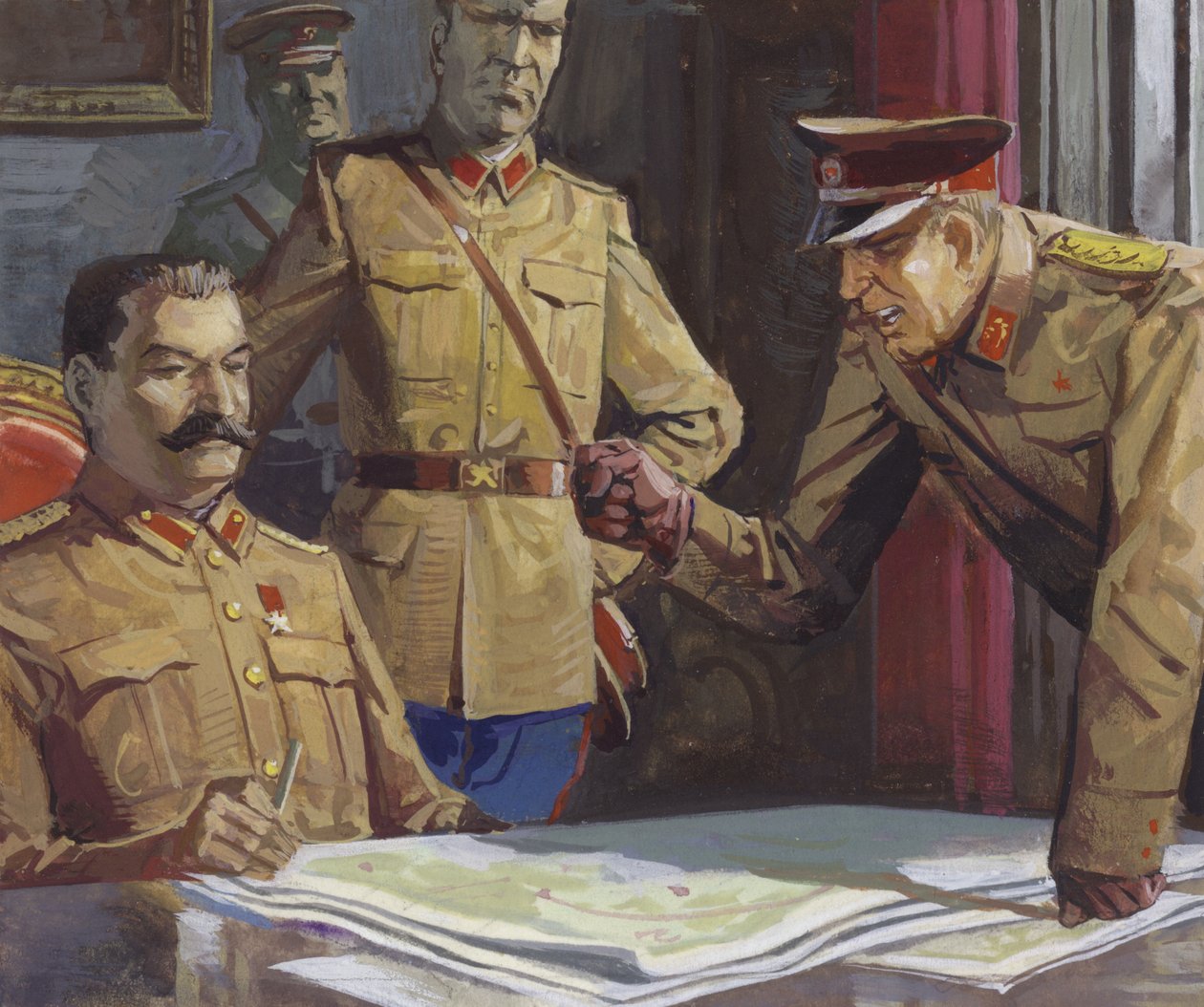 El general Georgi Zhukov discute con Stalin sobre tácticas militares de Severino Baraldi