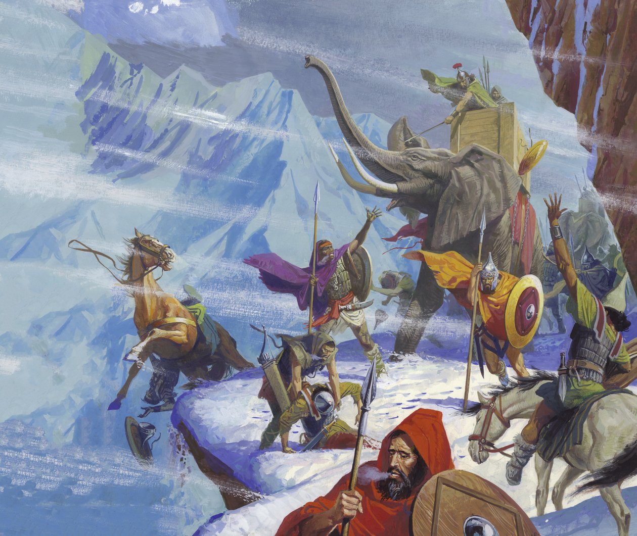 Aníbal (247-183 a.C.) cruza los Alpes (gouache sobre papel) de Severino Baraldi