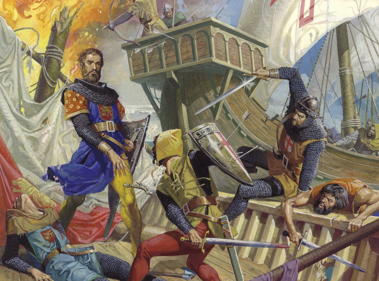 Marco Polo capturado por el genovés, siglo XX (gouache sobre papel) de Severino Baraldi