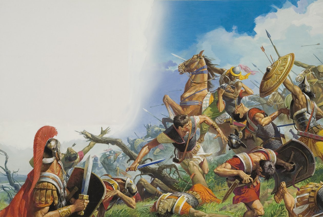 La batalla de Cannae en 216 a.C. (gouache sobre papel) de Severino Baraldi