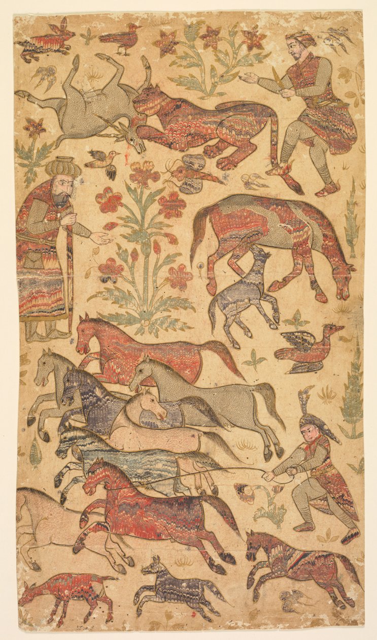 Una imagen jaspeada de Rustam atrapando a Rakhsh, c. 1650 de Shafi