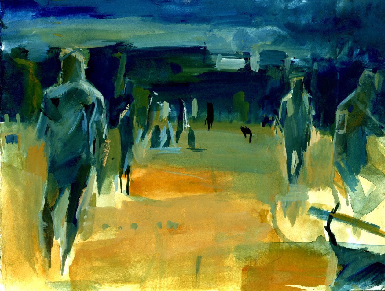 Figuras en el parque, 2024 (acrílico y collage) de Shaun Carey