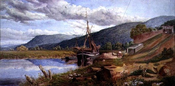 Paisaje con una barcaza descargando de Sheldon Burrows Adams