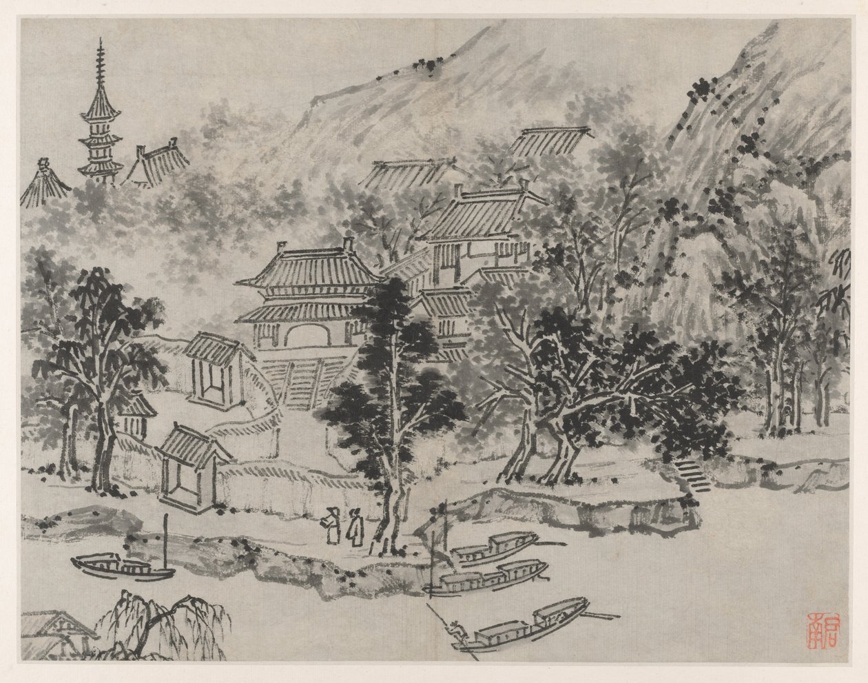 Doce vistas de la colina del tigre, Suzhou: Vista distante de la colina del tigre desde el amarre del canal de Shen Zhou