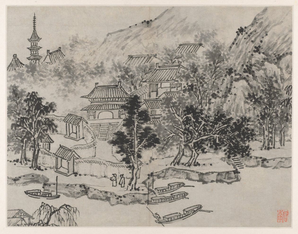 Doce vistas de la colina del tigre, Suzhou: Vista distante de la colina del tigre desde el amarre del canal, después de 1490 de Shen Zhou
