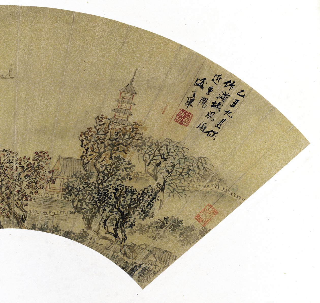 (detalle) de Paisaje con pagoda, casas y barcos, 1625 de Sheng Maoye