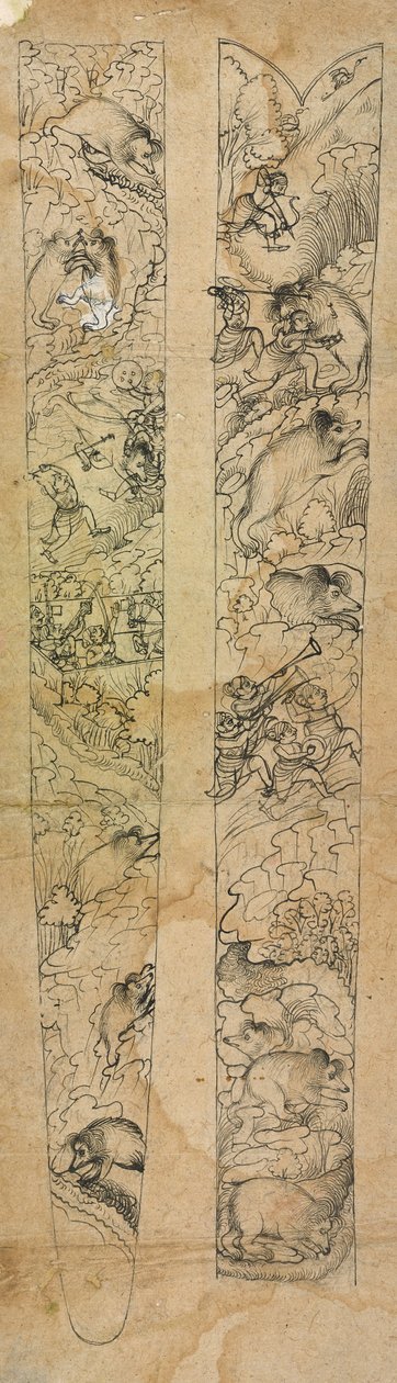 Un rajá cazando jabalíes, diseño para una vaina, c.1750-1760 (acuarela opaca sobre papel) de Shevdar (attr.to) Gangeyagi