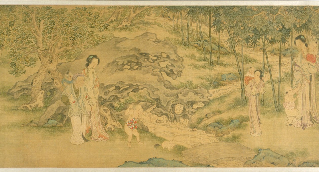 Mujeres y niños en un jardín (tinta y color sobre seda) de Shi Wang