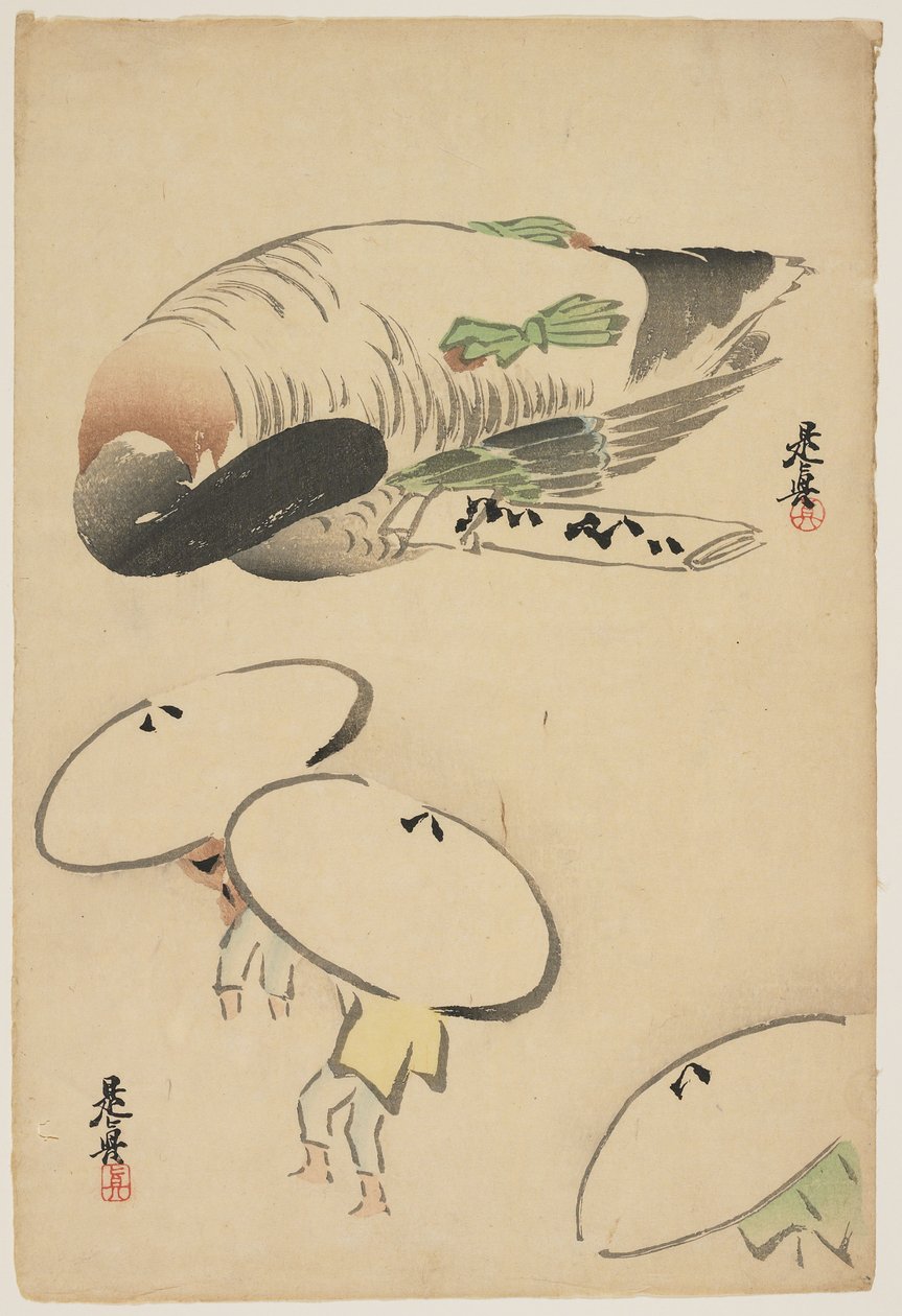 (Faisán Tres hombres con paraguas) de Shibata Zeshin