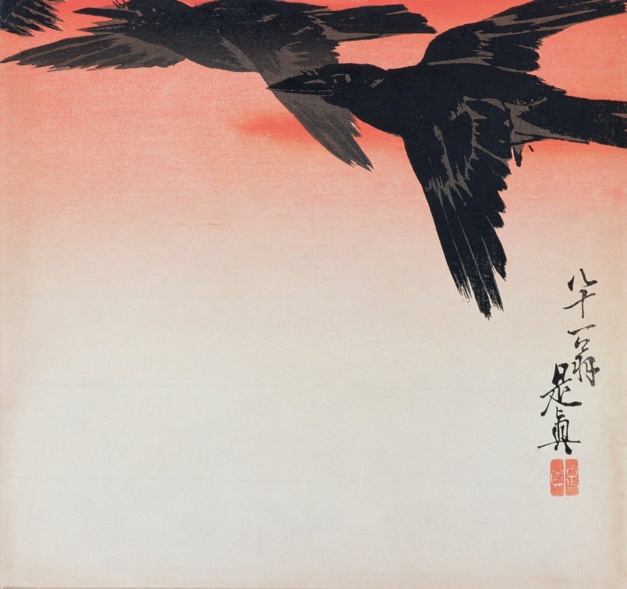 Cuervos en vuelo en un cielo rojo de Shibata Zeshin