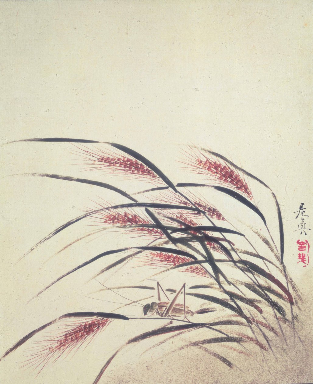 Espigas de arroz y grillo (laca sobre papel) de Shibata Zeshin