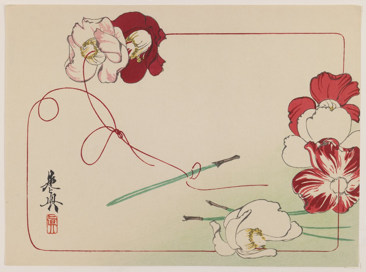 Enhebrando amapolas, de la serie Comparación de flores, c.1875-90 (xilografía en color sobre papel) de Shibata Zeshin