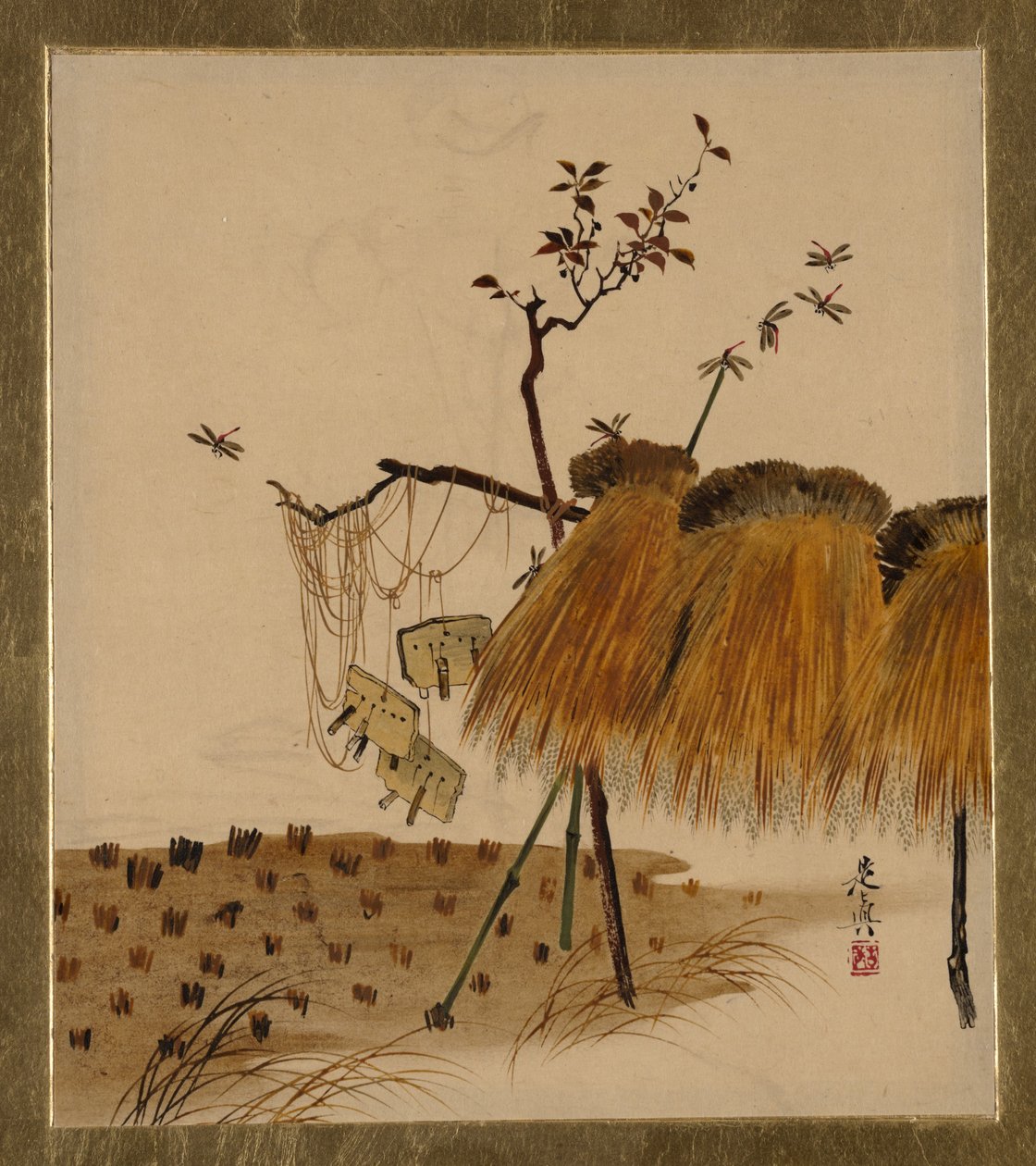 Pinturas al esmalte de diversos temas: Pila de arroz y libélulas de Shibata Zeshin