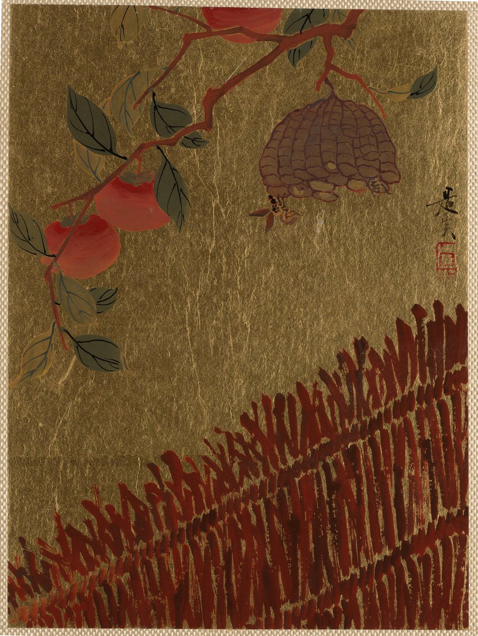 Rama de caquis y nido de avispas sobre un seto de Shibata Zeshin