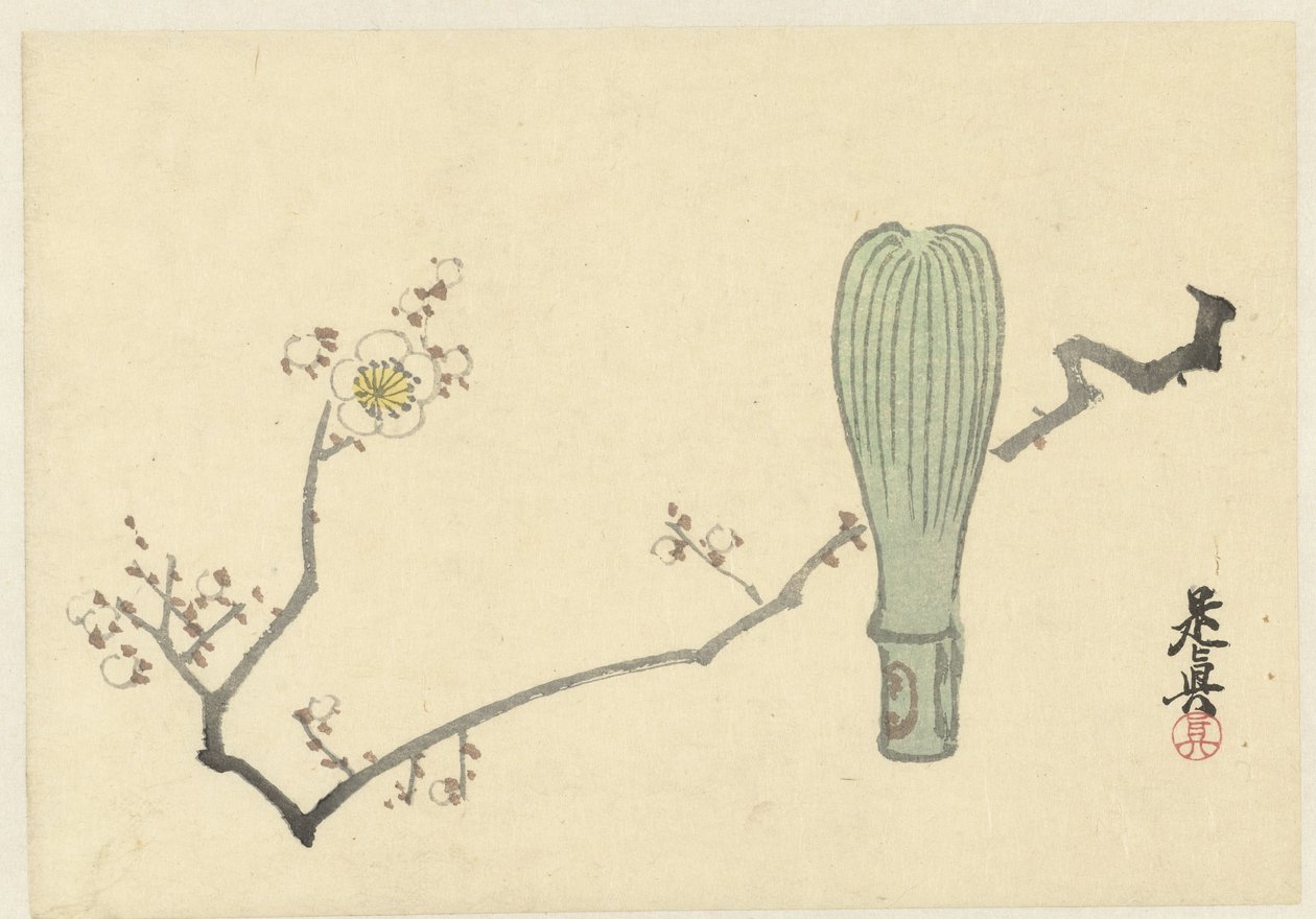 Flor de ciruelo y un batidor de té de Shibata Zeshin