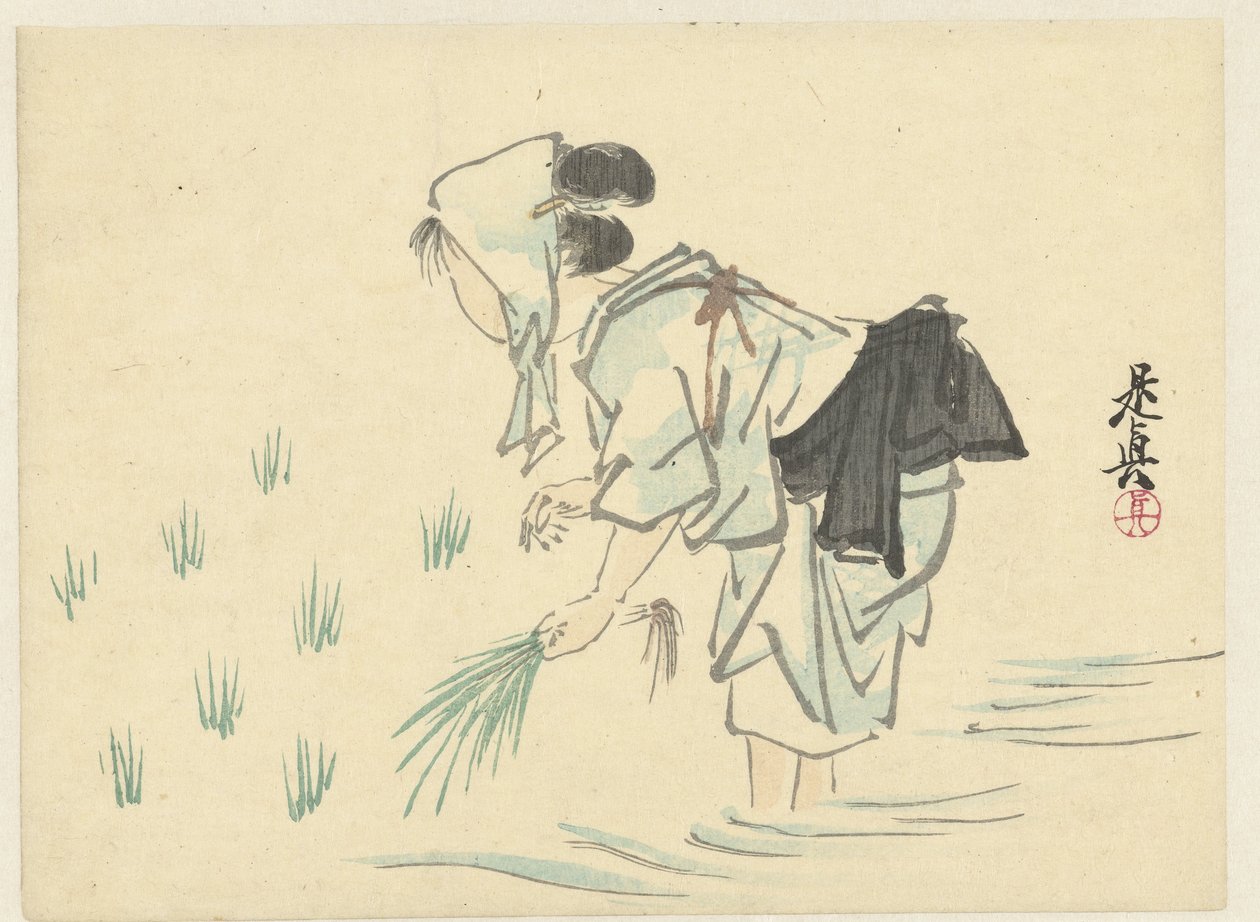 mujer plantando arroz de Shibata Zeshin