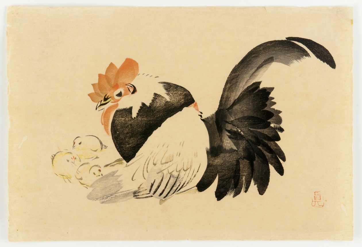 Gallo, Gallina y Polluelos, era Meiji, 1870-79 de Shibata Zeshin