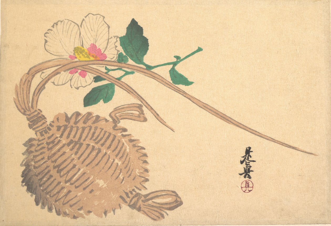 Cesta de paja para peces y flor Mokuge de Shibata Zeshin