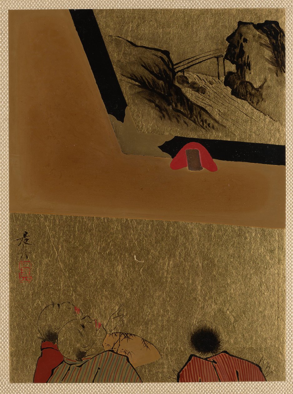 Tres hombres mirando un dibujo lacado enmarcado de Shibata Zeshin