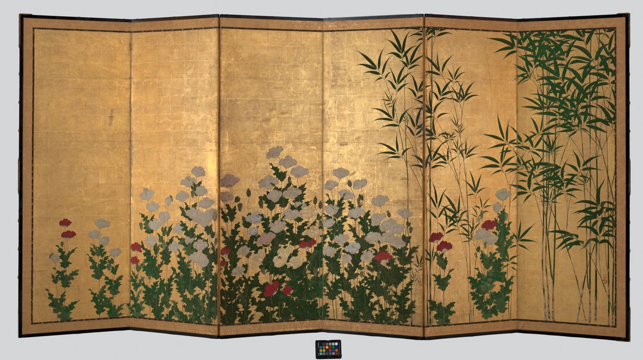Bambú y amapolas, principios del siglo XVII (Pareja de biombos de seis paneles; tinta, color y oro
sobre papel) de Shigenobu Kano