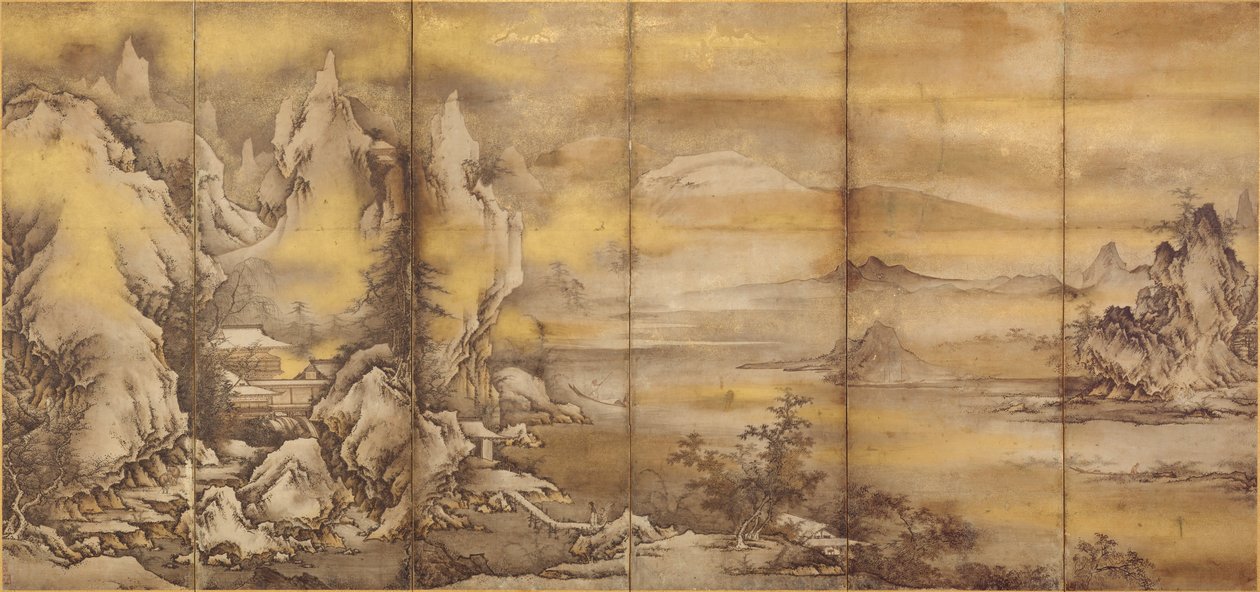 Japonés: 『式部輝忠筆 四季山水図屏風 室町時代』 Paisaje de las cuatro estaciones, uno de un par (Museo de Arte Asiático B60D49+) de Shikibu Terutada