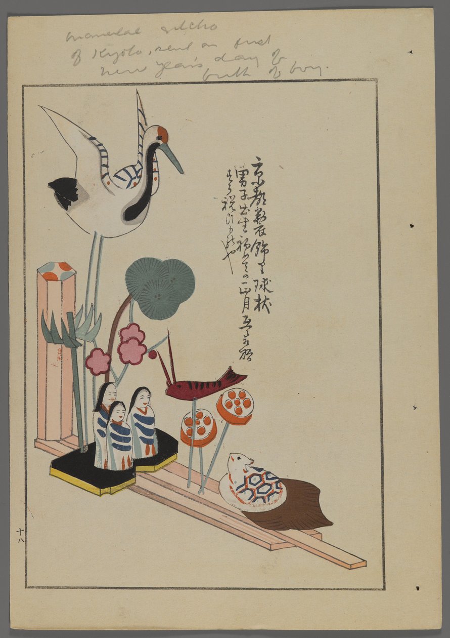 Juguetes japoneses, de Unai no tomo (Amigos de un niño) por Shimizu Seifu, 1891-1923. Escena animada de grulla, personas, peces, rana, enviada en el primer día de año nuevo del nacimiento de un niño. de Shimizu Seifu