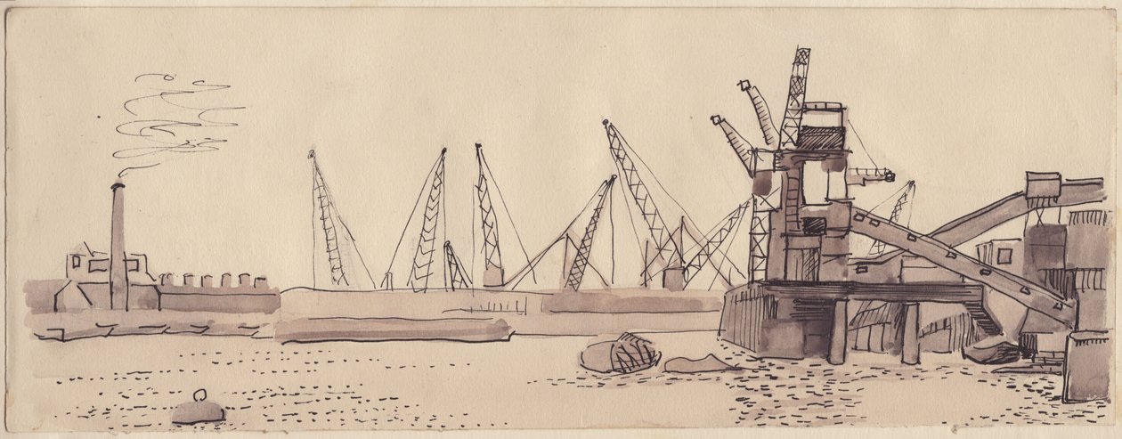 Muelles en el río Támesis en Londres, 1951 de Shirley Markham