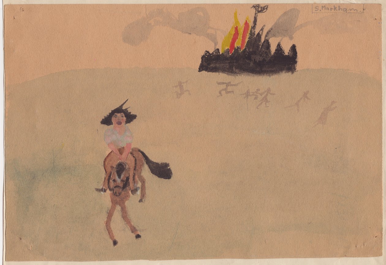 Niña en caballo huyendo de un fuerte en llamas, c. 1941 de Shirley Markham