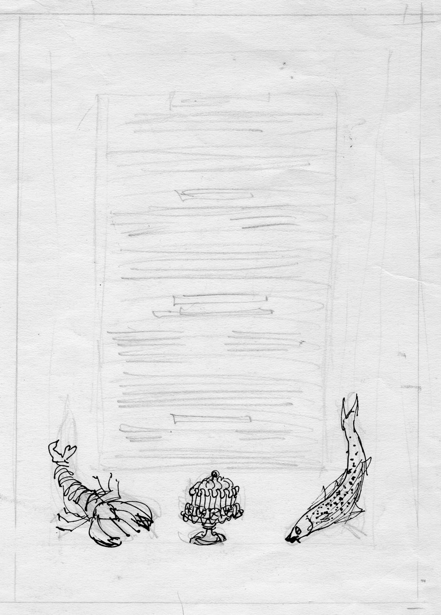 Langosta, pescado y pastel, diseño de menú de Shirley Markham