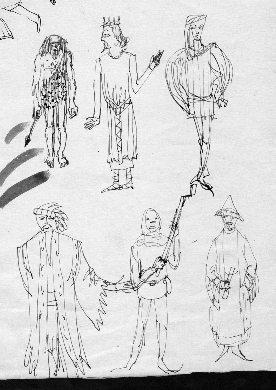 Página de bocetos, personas con trajes de época, c1950 de Shirley Markham