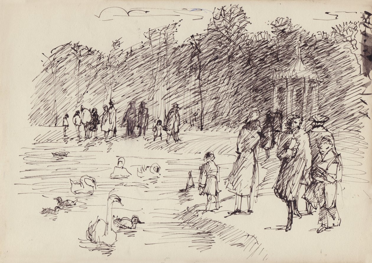 Cisnes en el estanque redondo en los jardines de Kensington, Londres, c. 1950 de Shirley Markham