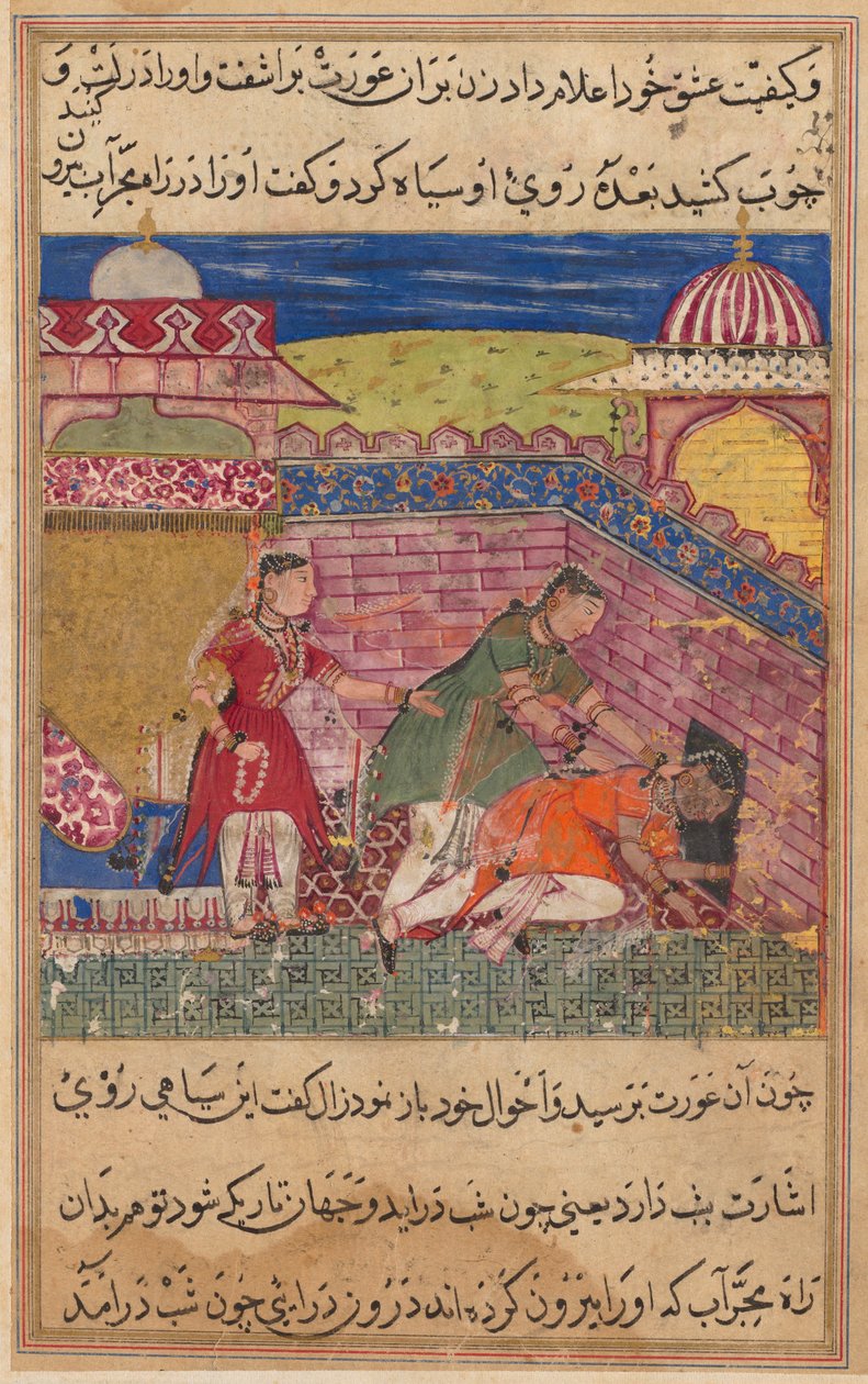 Página de Cuentos de un loro Tuti-nama: Octava noche: La esposa engañosa expulsa..., 1558-1560 de Shravana