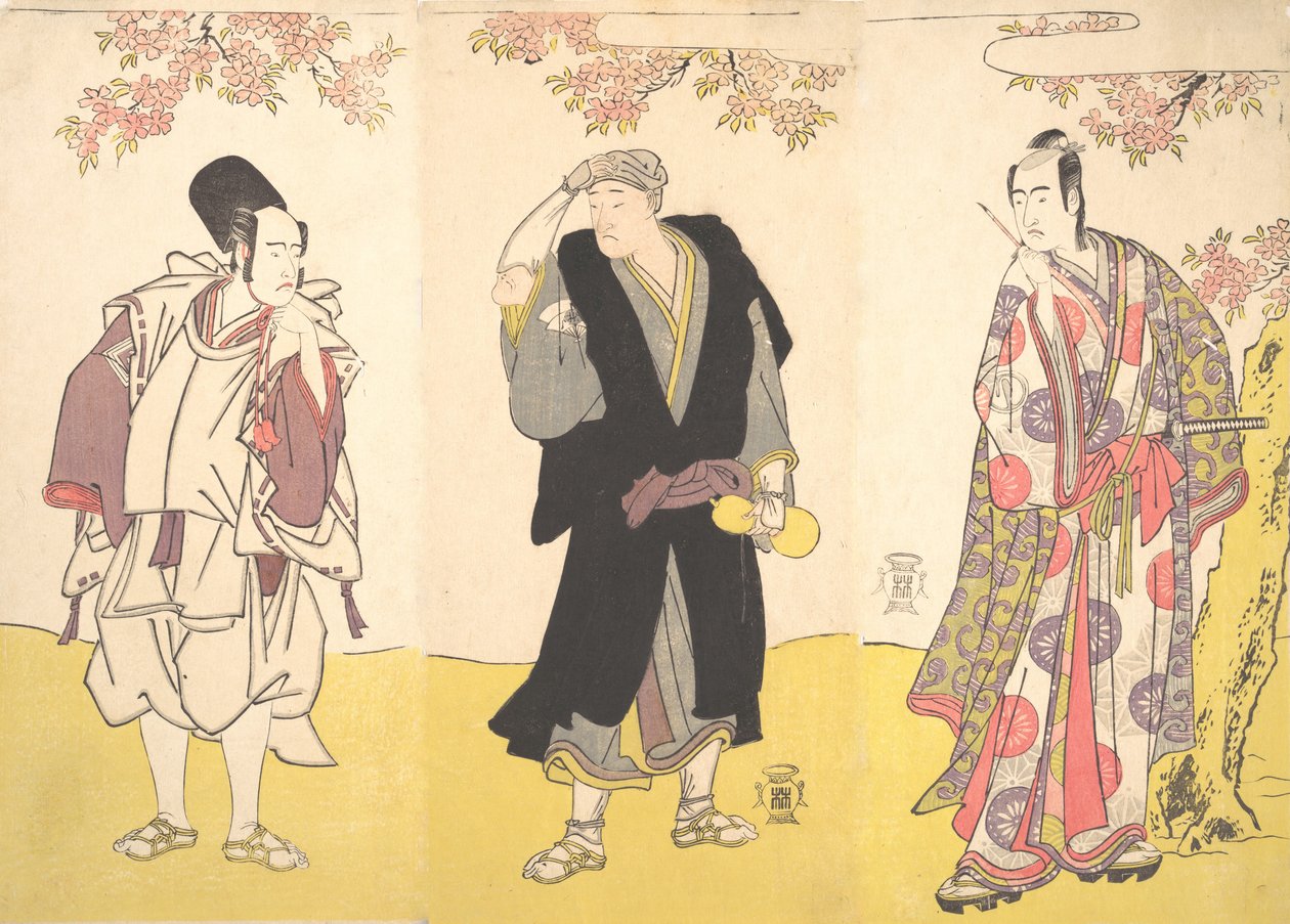 Actores de Kabuki Ichikawa Yaozo III, Onoe Matsusuke I y Sawamura Sojuro III, 11º mes, 1786 de Shunsho