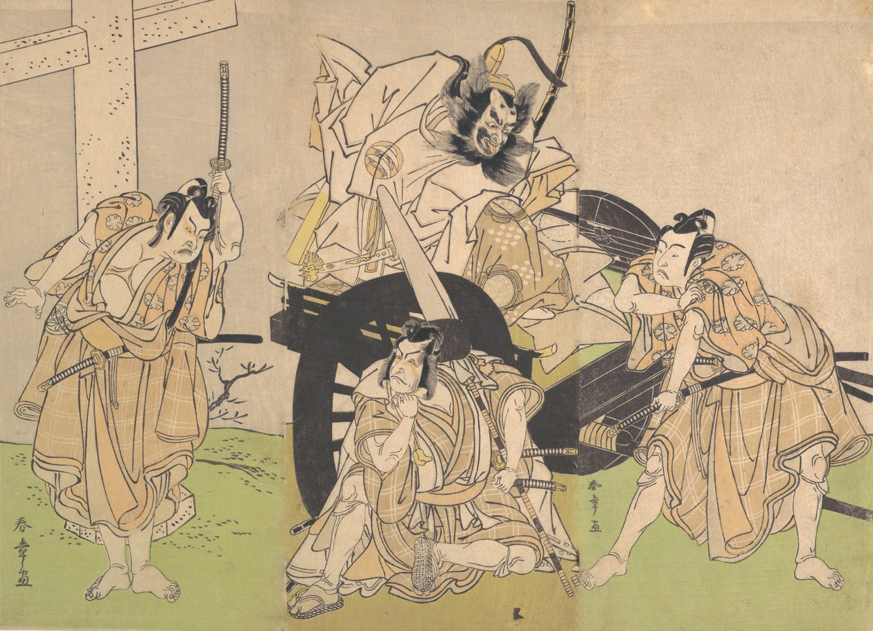 Actores de Kabuki Ichikawa Yaozo II, Nakajima Mihoemon II, Ichikawa Ebizo III, 7mo mes, 1776 de Shunsho
