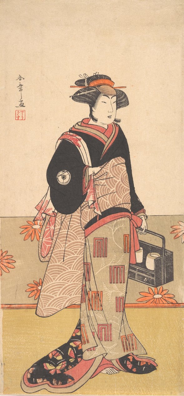 El actor Iwai Hanshiro IV como una mujer en un kimono negro, ca. 1780 de Shunsho